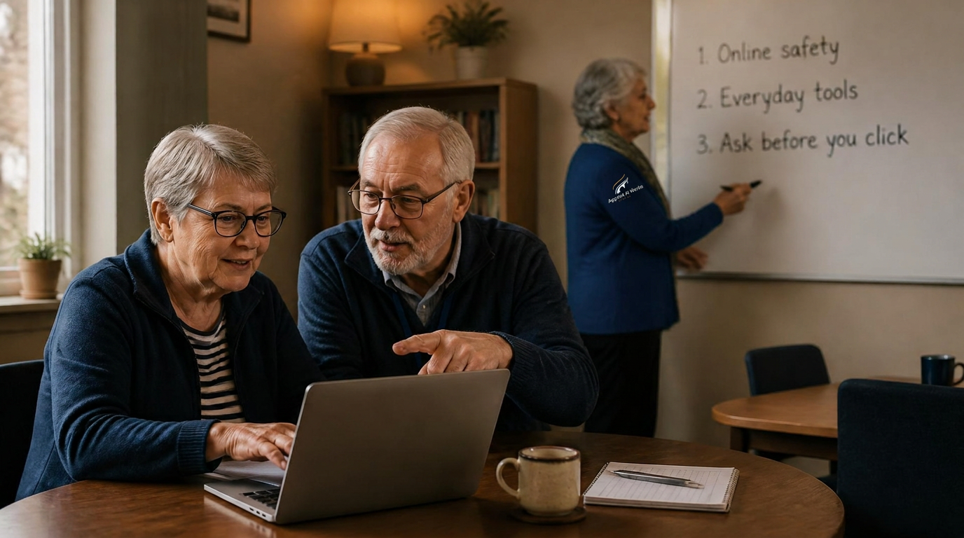 Seniors learning online safety and everyday AI tools in a small community workshop