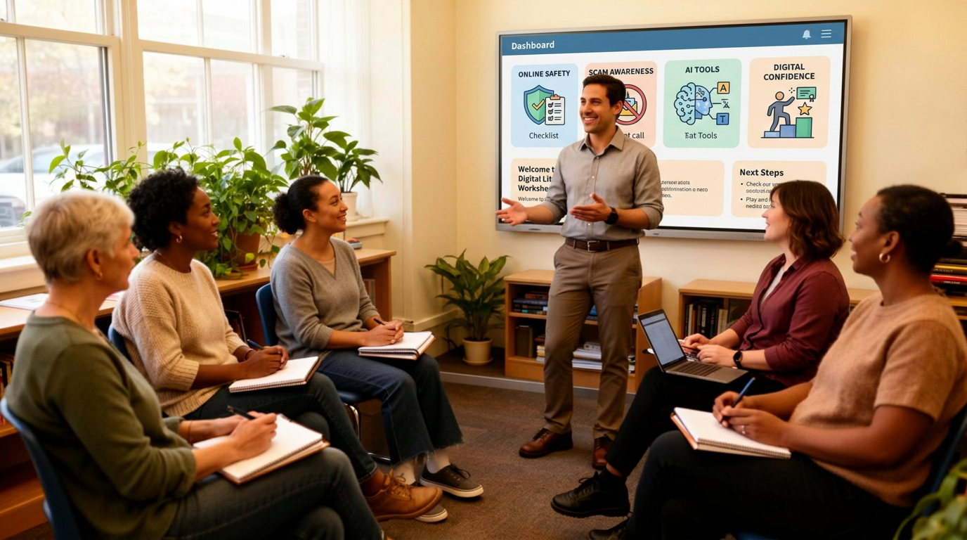 Facilitator leading a small-group digital literacy workshop with a screen showing online safety, scam awareness, AI tools, and digital confidence